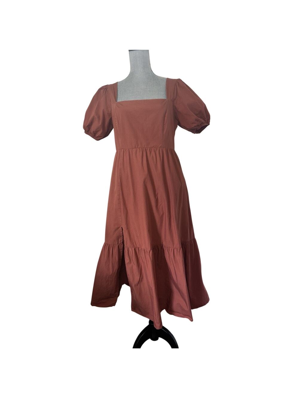 ASTR the Label Poplin Puff Sleeve Tiered Midi Dress L Square Neck Rust Cottage